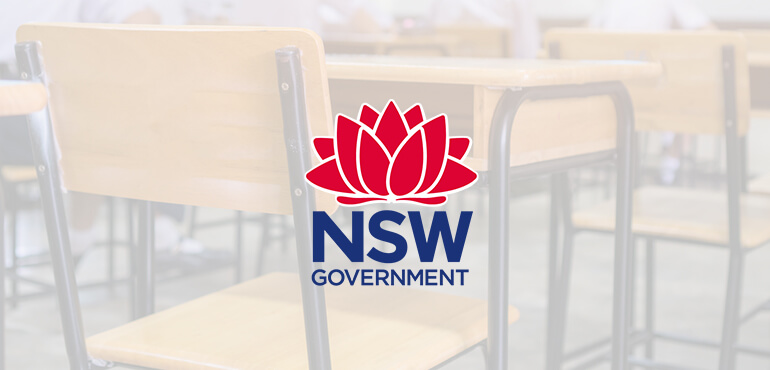 NSW Government logo with classroom chair in the background