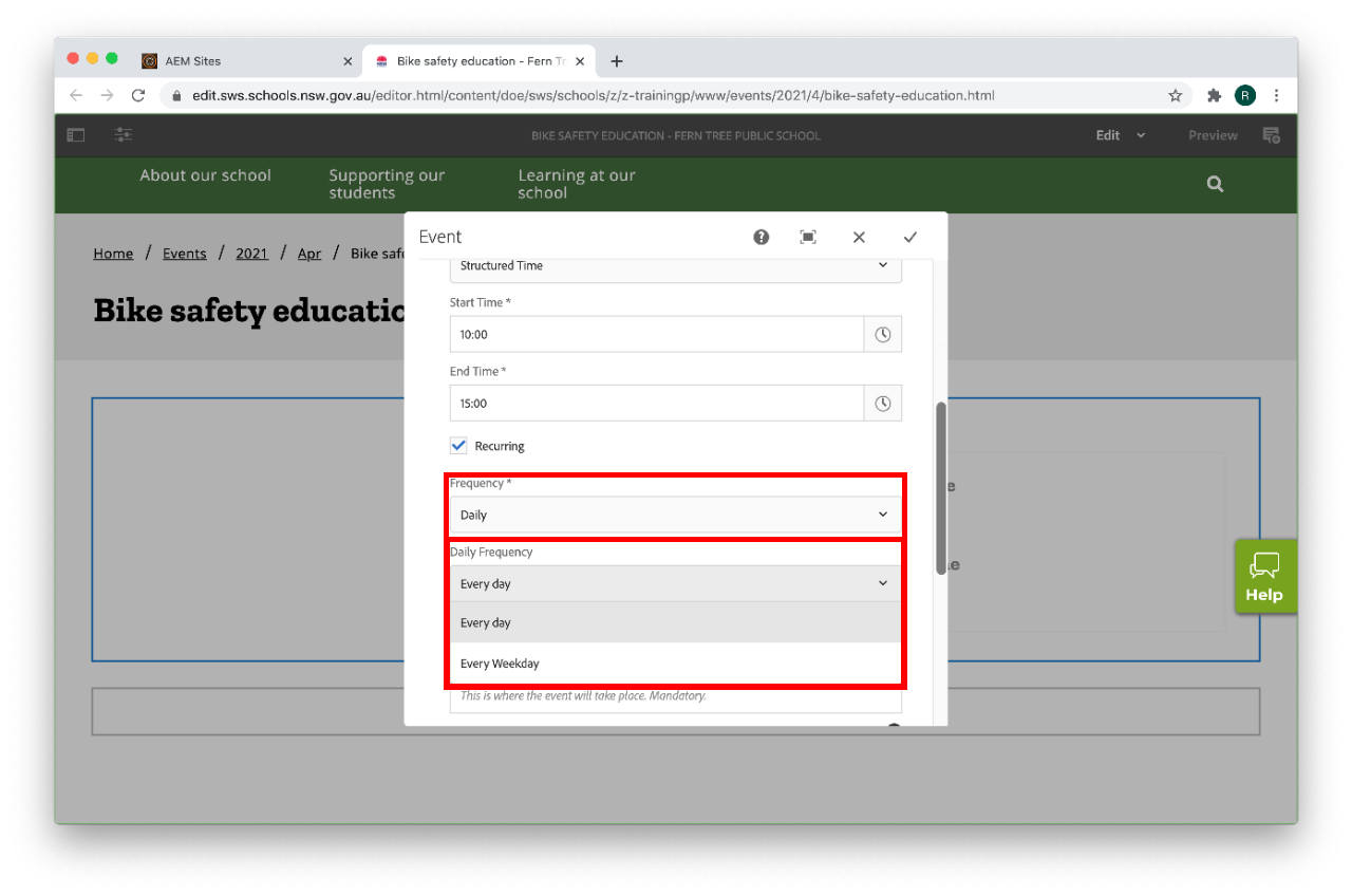 Event component configure daily frequency