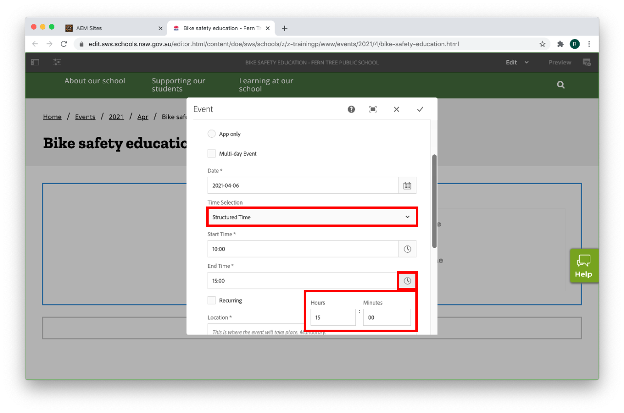 Event component configure end time