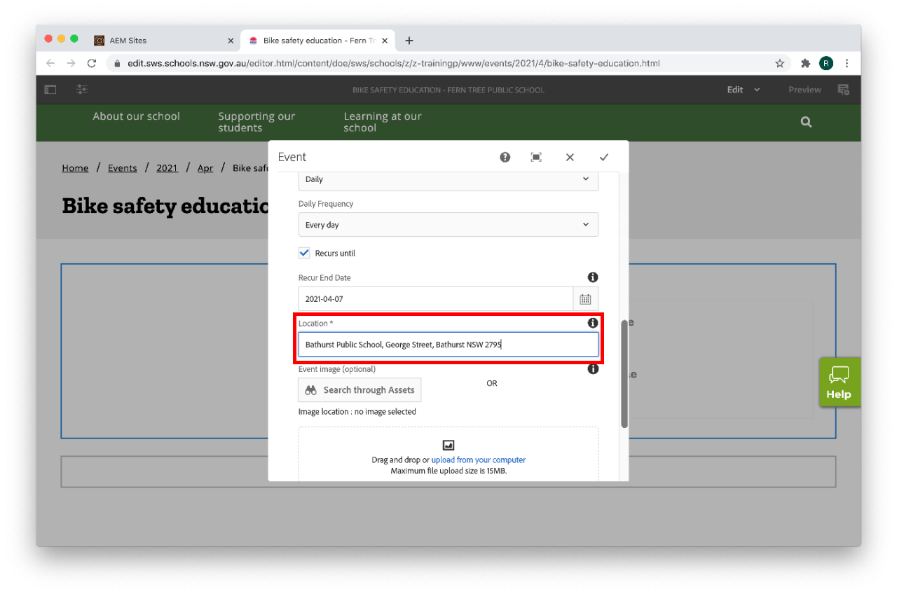 Event component configure location