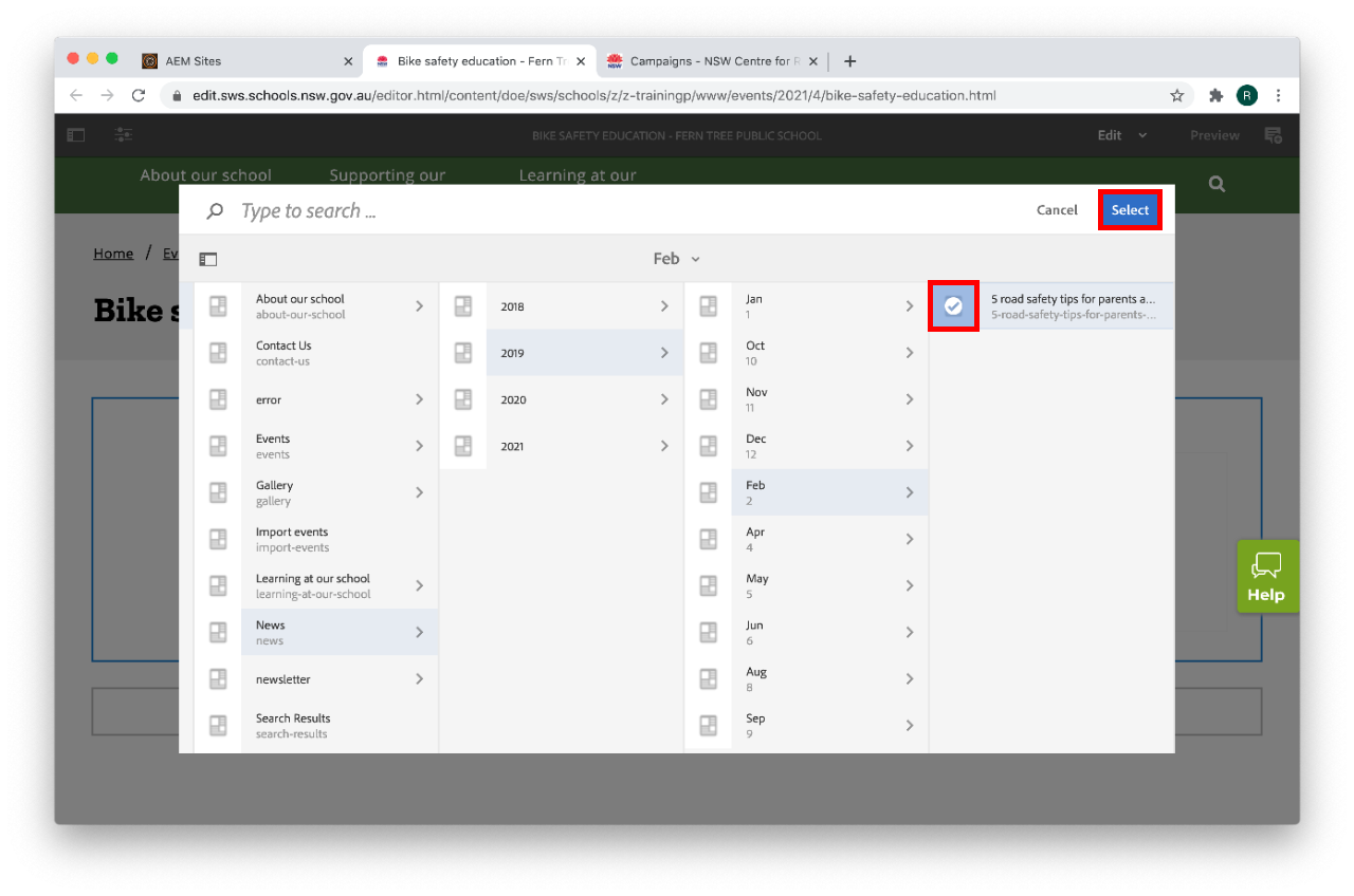 Event component configure link column view