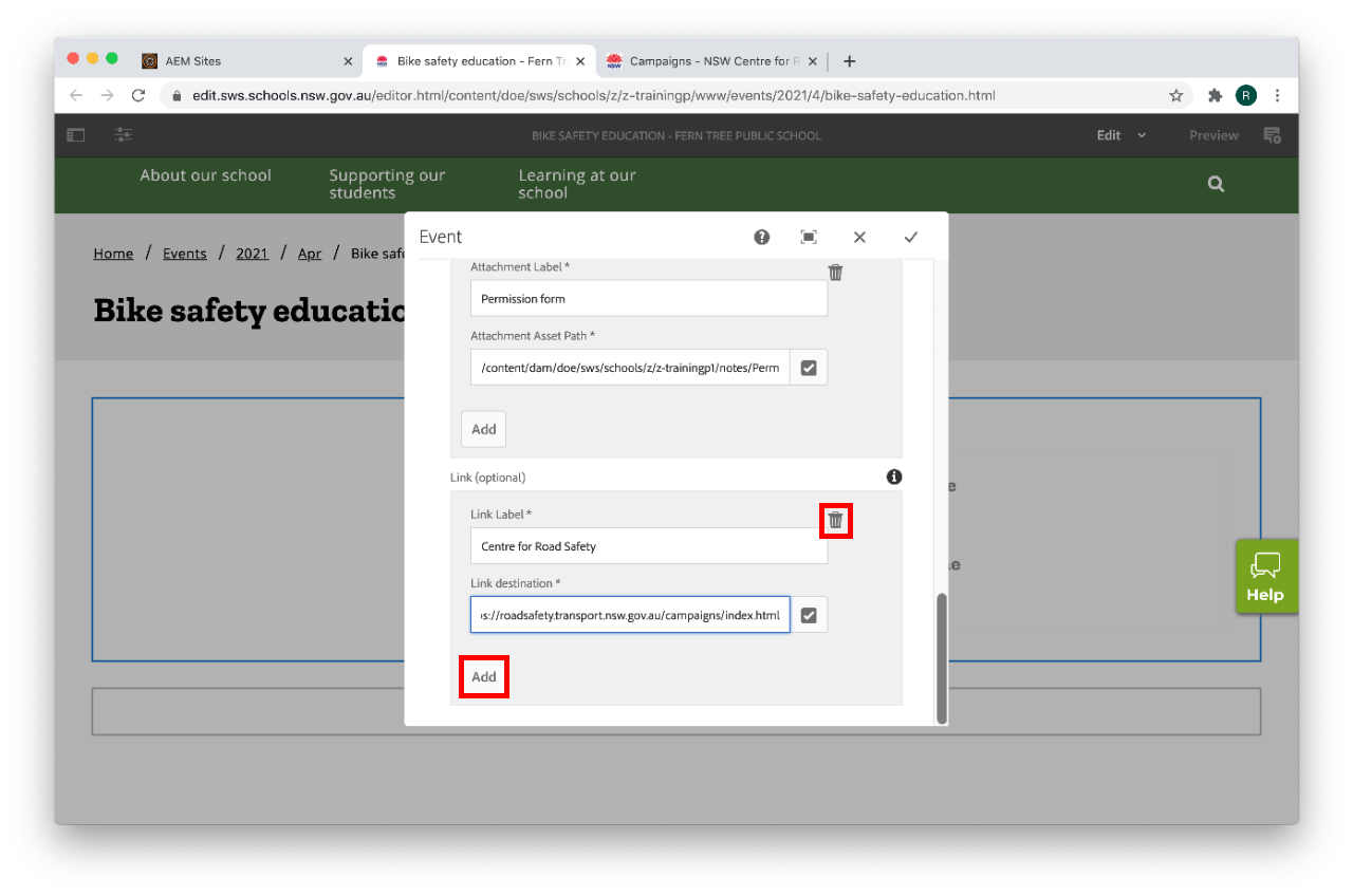 Event component configure link destination