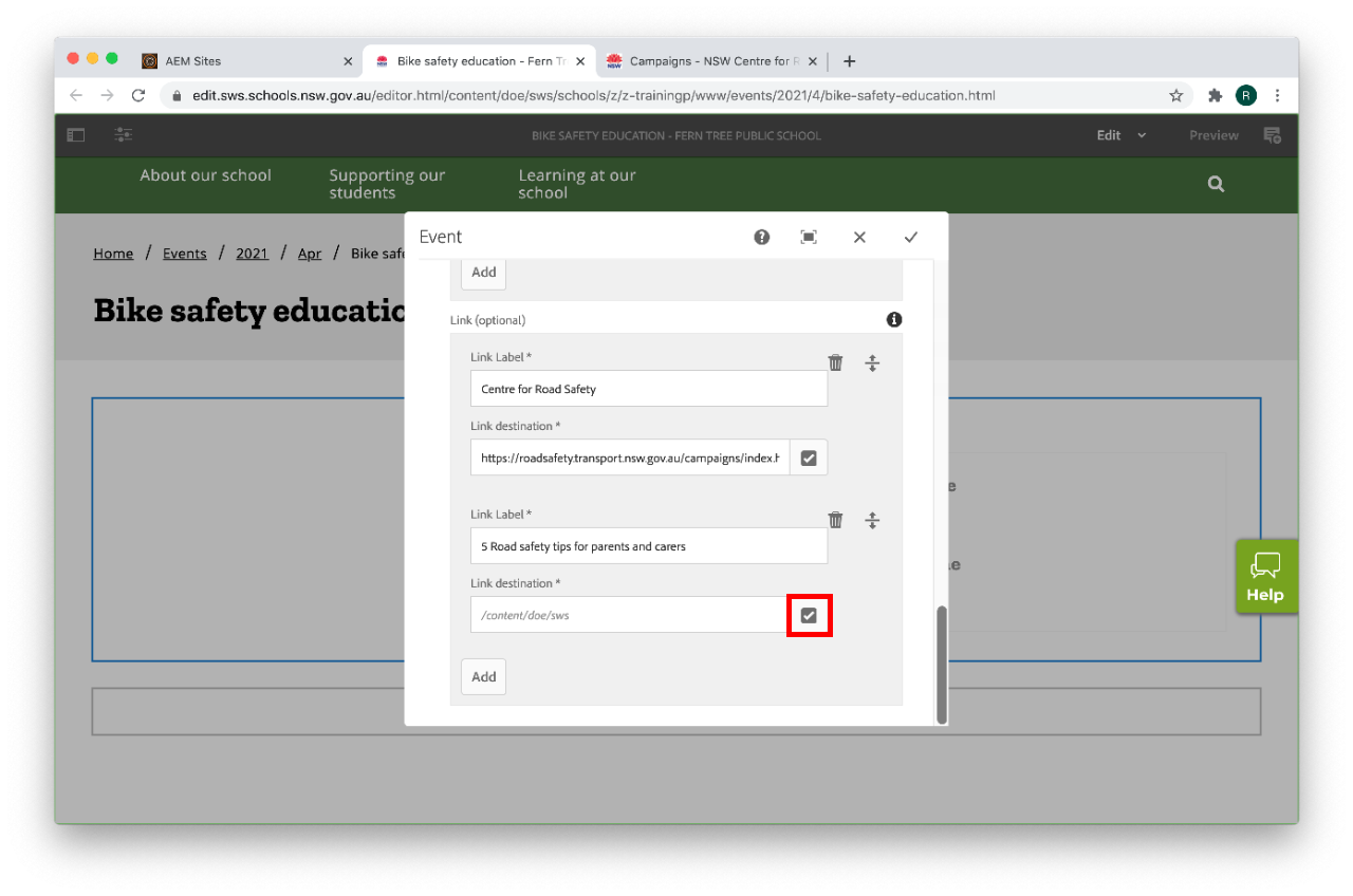 Event component configure link destination select