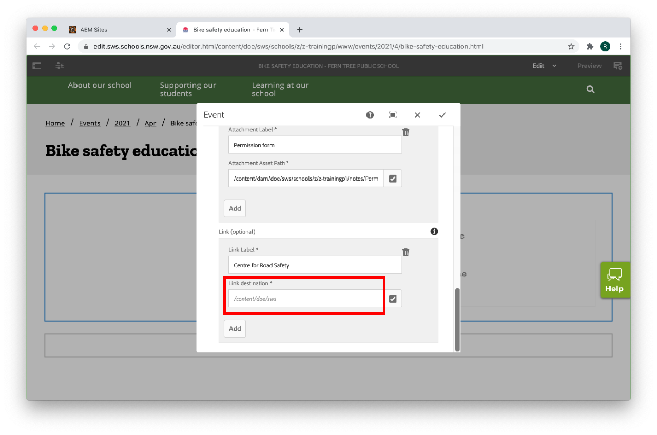 Event component configure link label