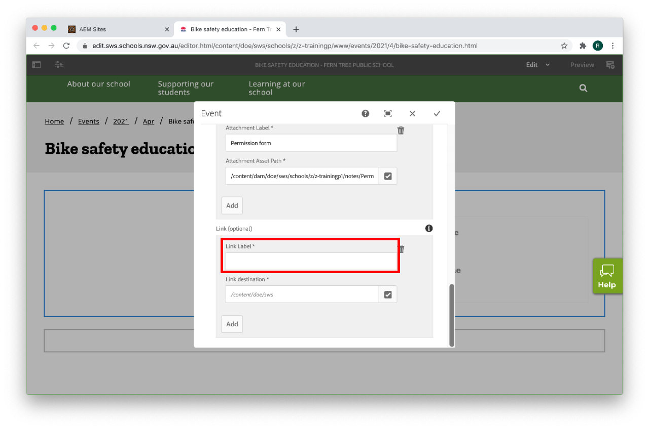 Event component configure link label