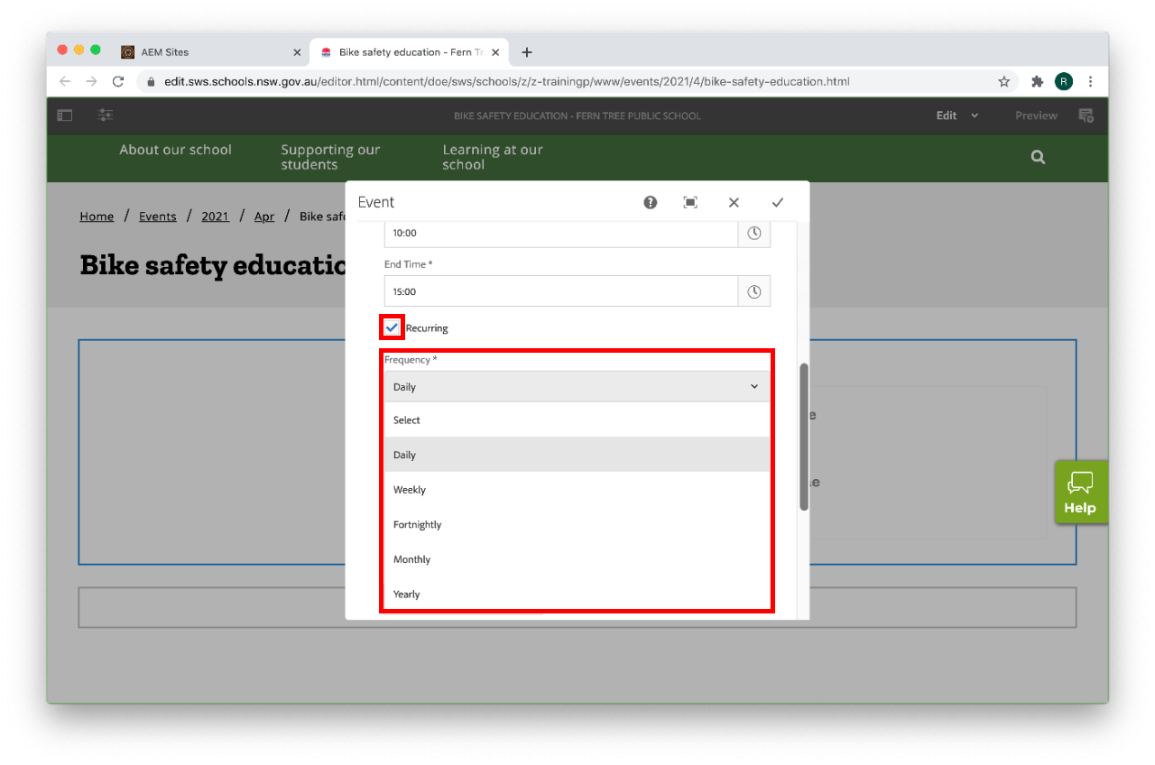 Event component configure recurring frequency