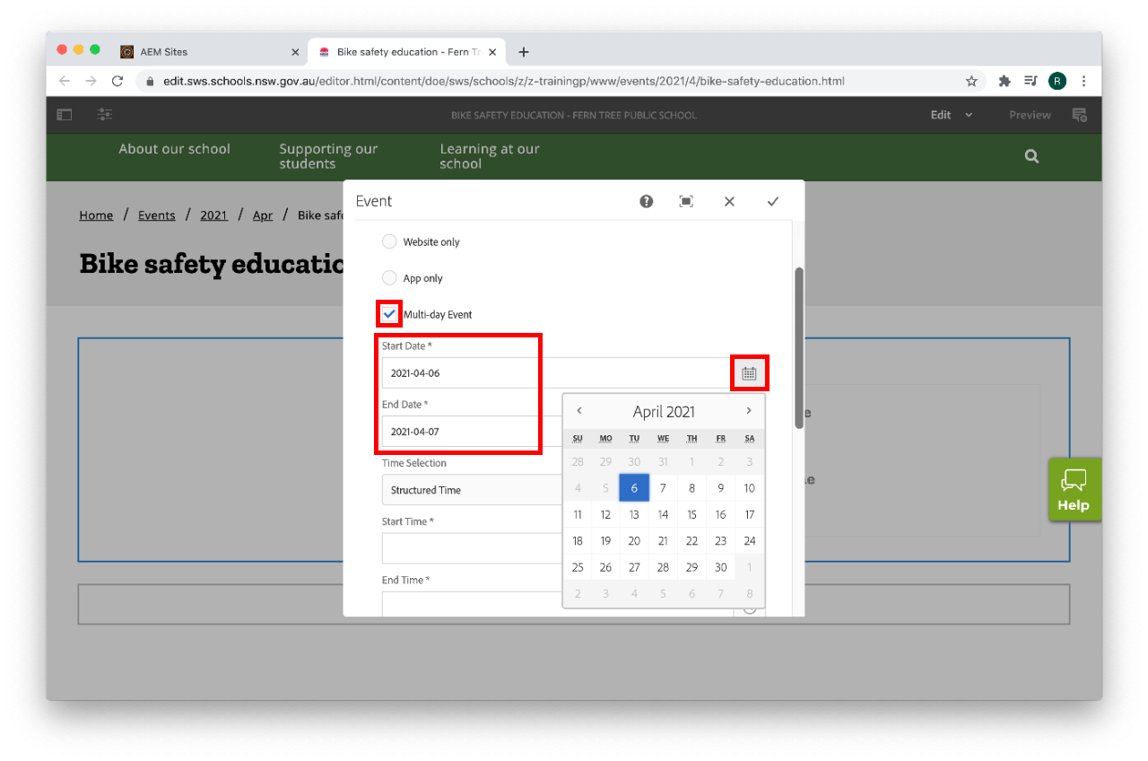 Event component configure multi day