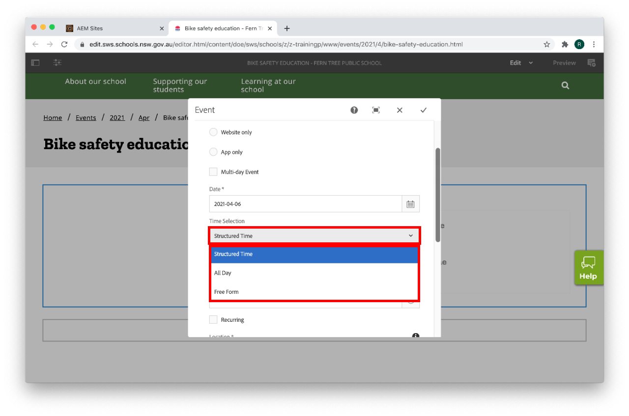 Event component configure time selection