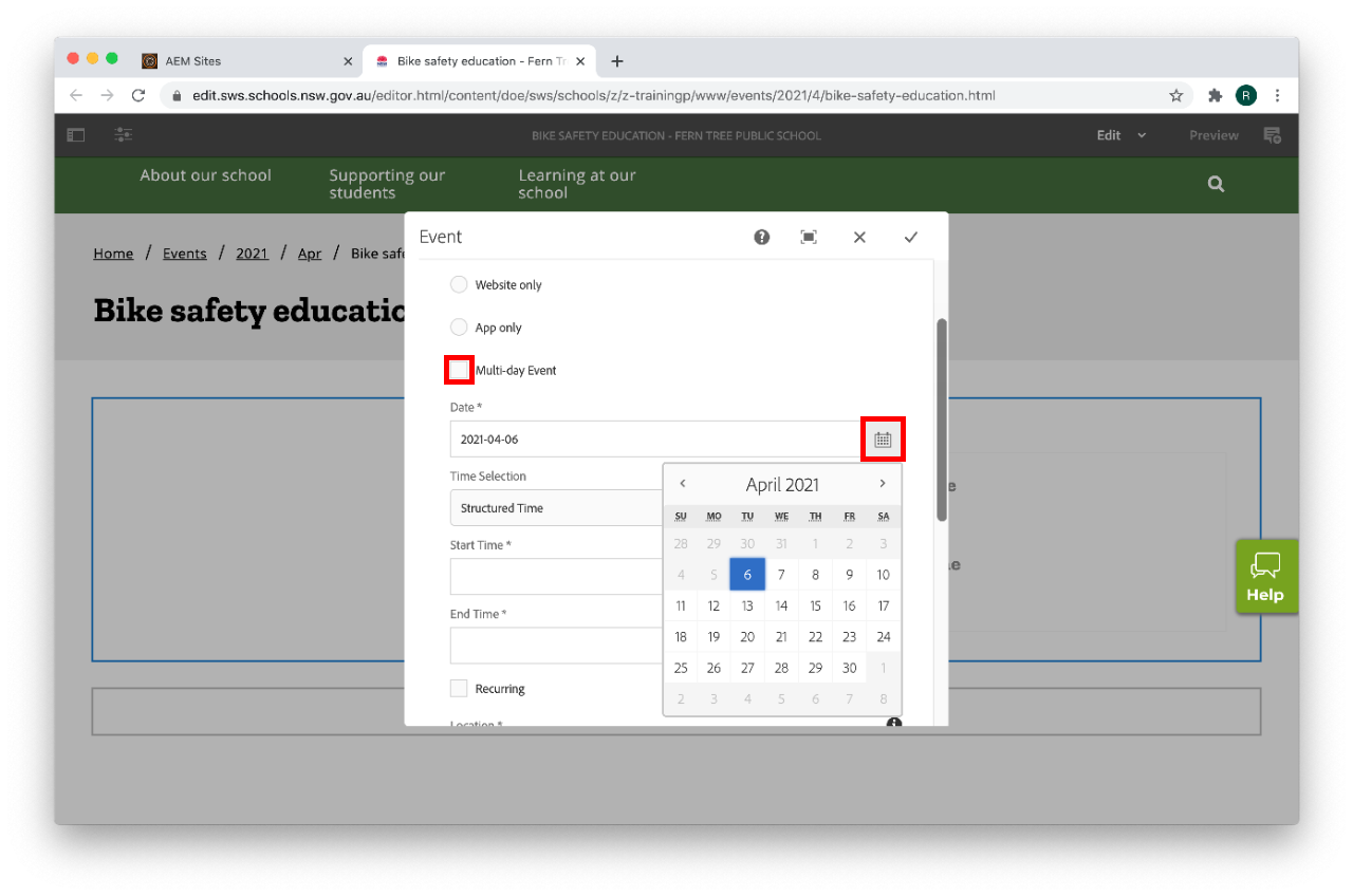 Event component configure date