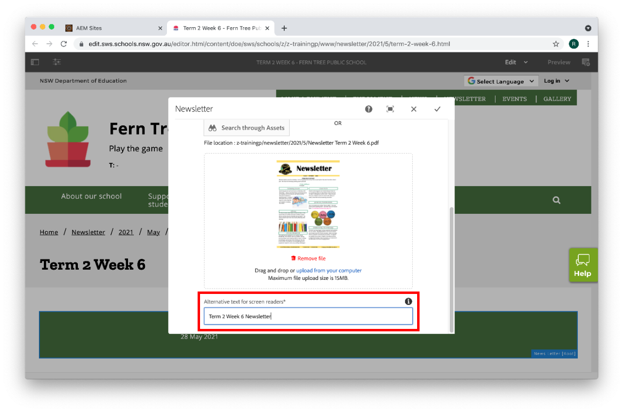 Newsletter component configure type tab file complete