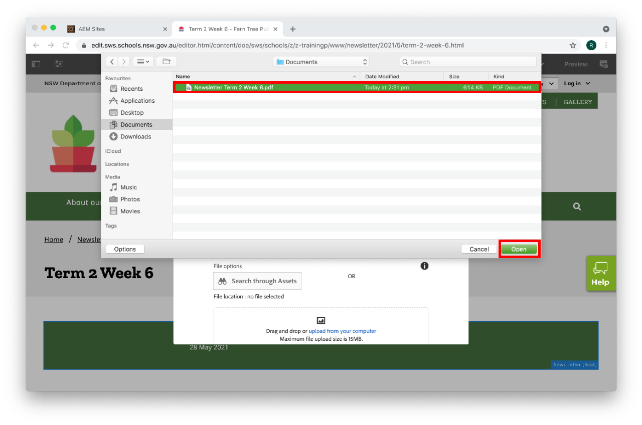 Newsletter component configure type tab file select from computer