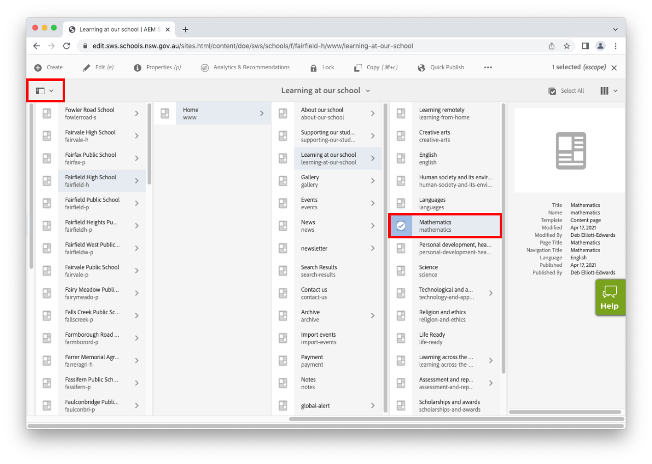 Page selection and side toggle panel highlighted