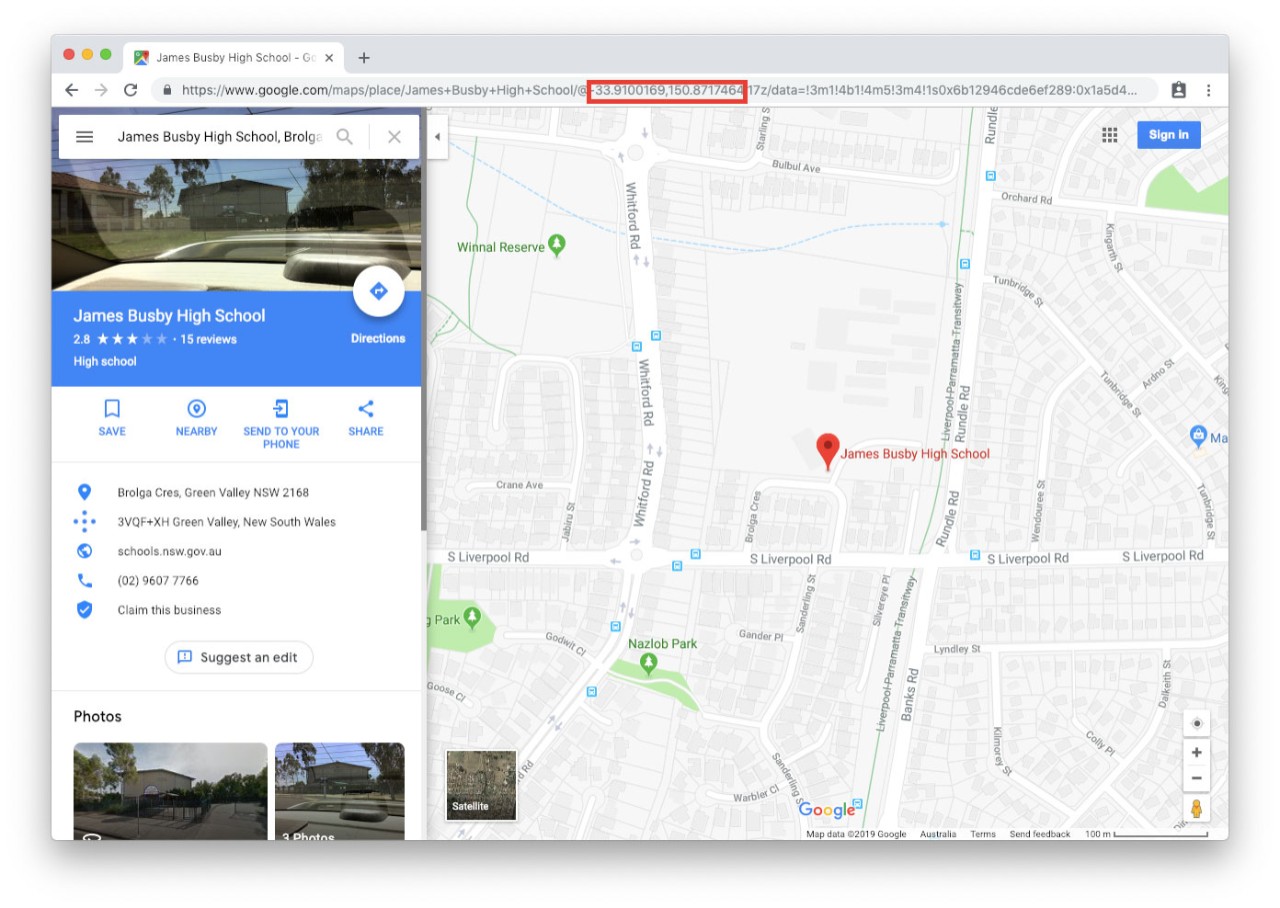 Google coordinates highlighted.