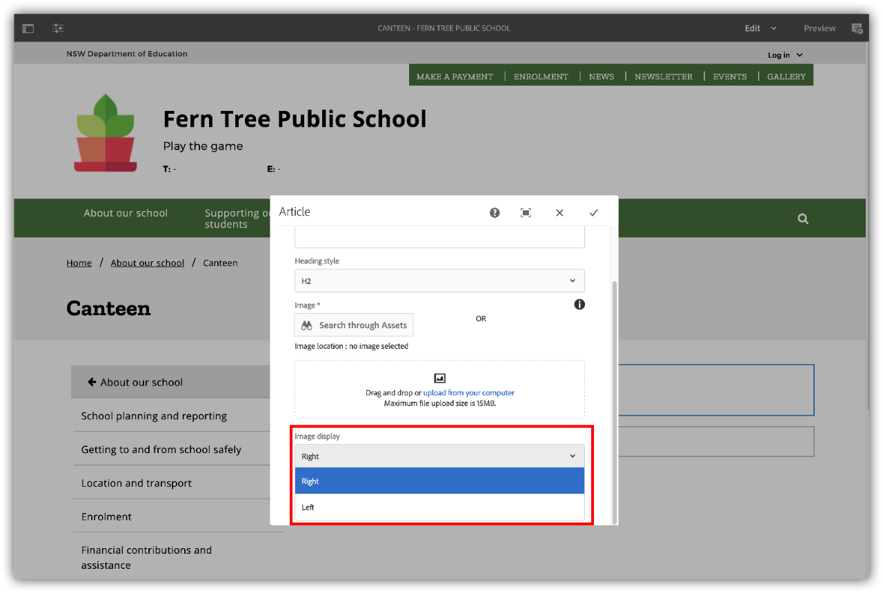 Article component configure display