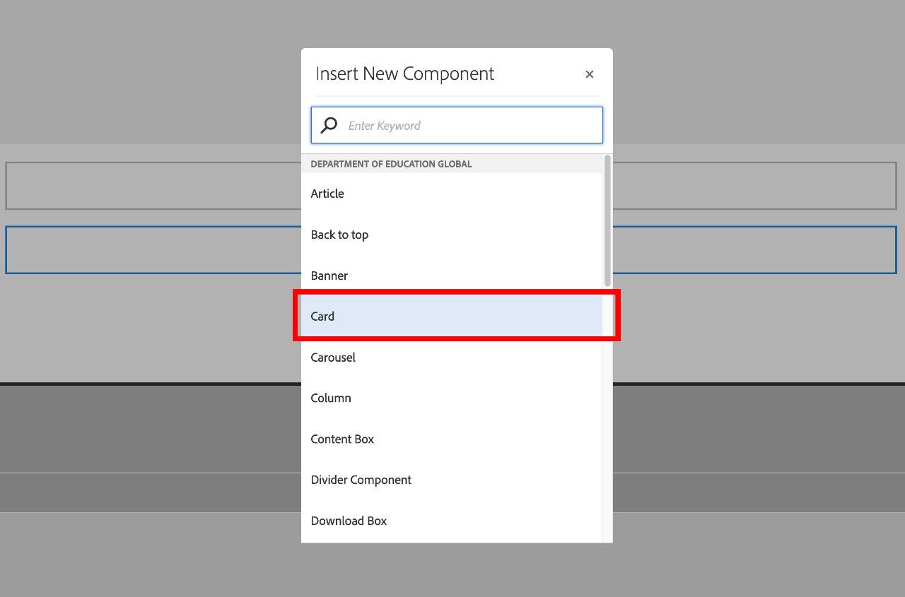 Select card from the add component list