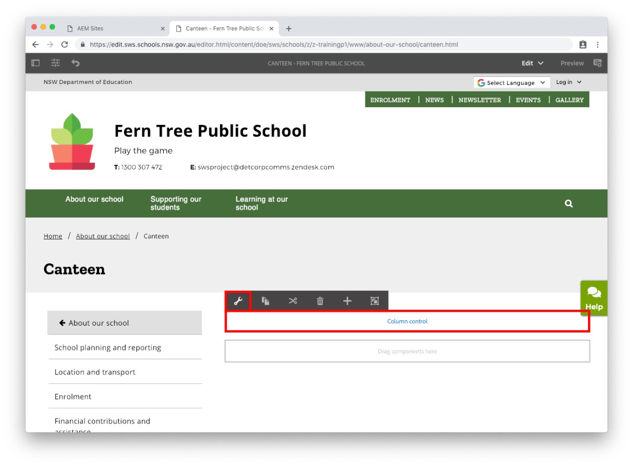 Open column component configure