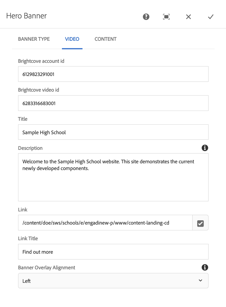 Configuration options for the background video banner