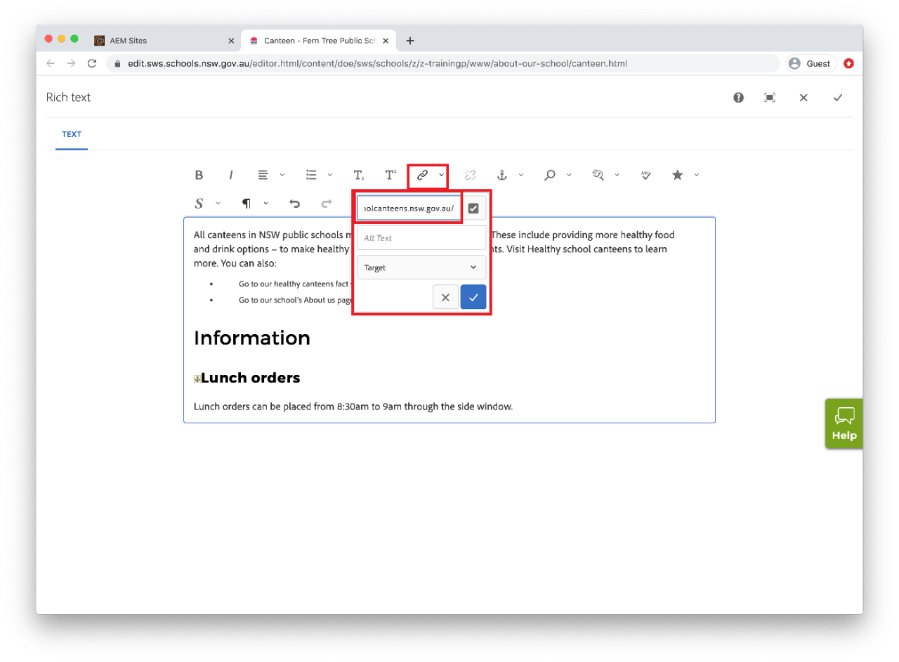 The hyperlink dialogue box with the path field highlighted