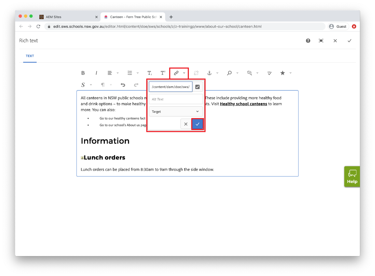 The hyperlink field with the save tick highlighted