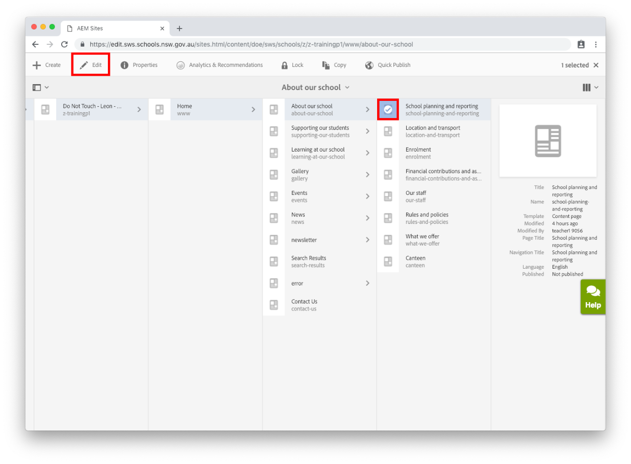 School planning and reporting page navigation