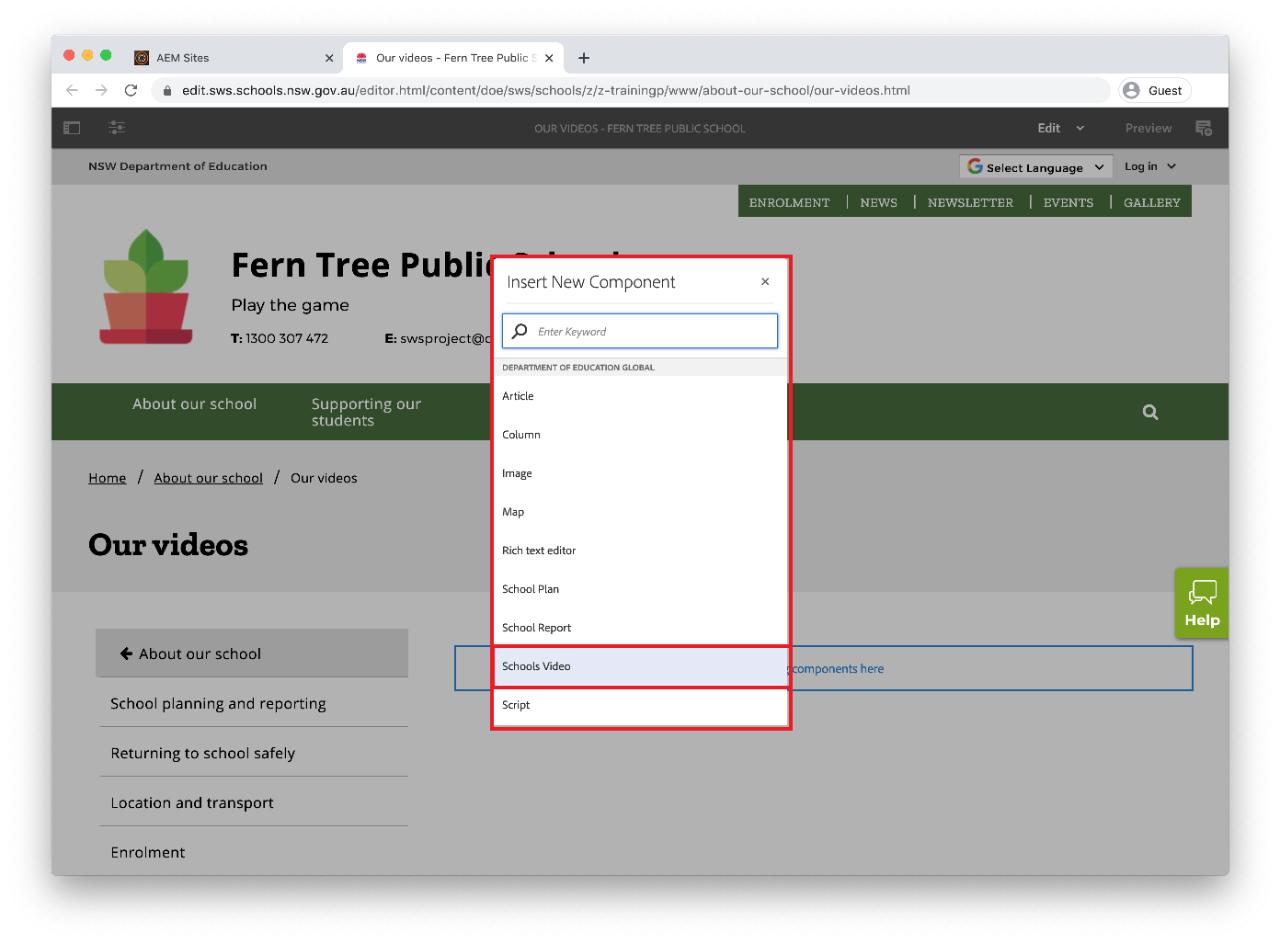 The insert new components list with Schools video highlighted