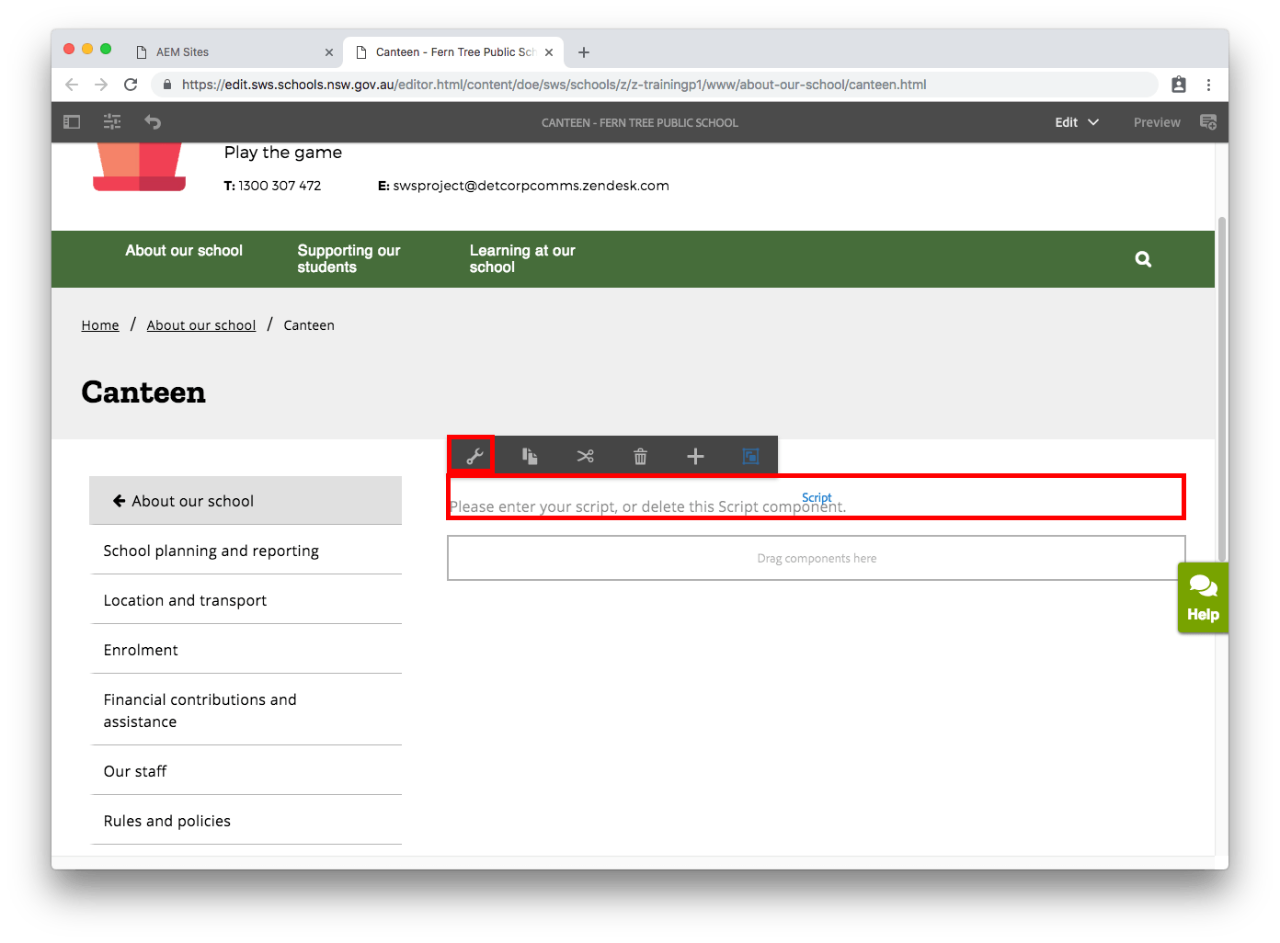 Open Script component configure