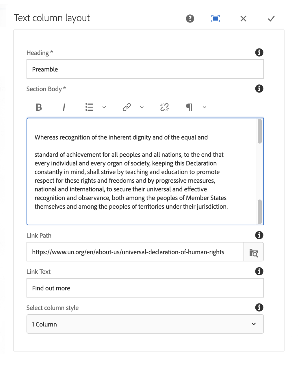 Configuration of the text column layout