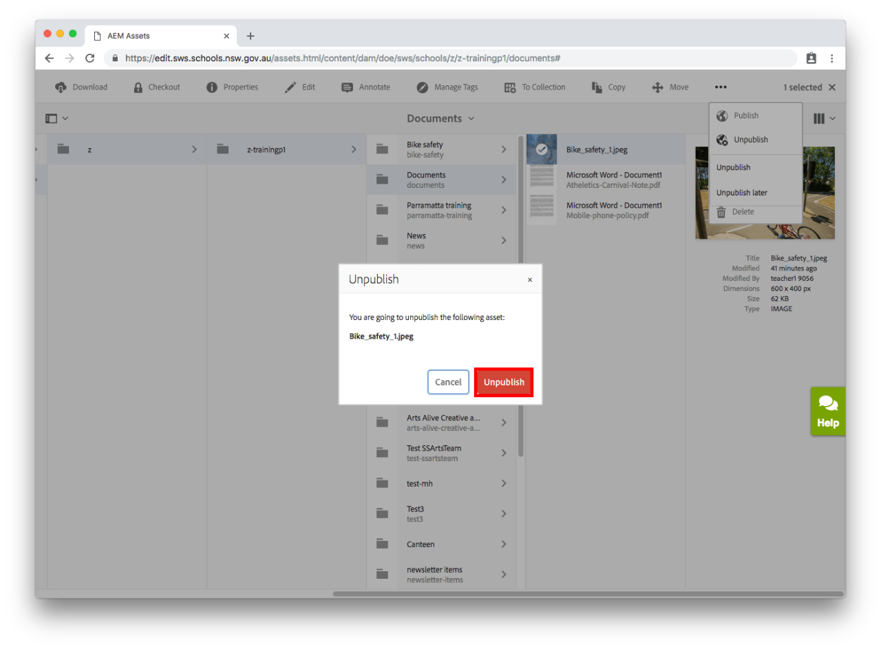 Unpublish_a_document_or_image_-_Unpublish_confirmation_-_Highlighted Confirm unpublish