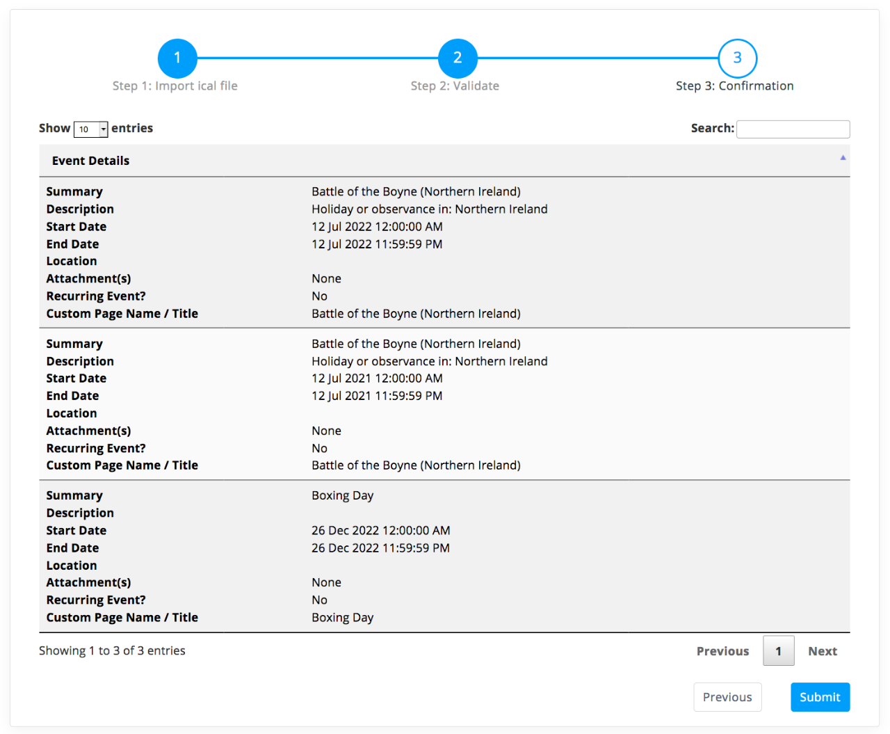 Step 4, confirmation of selected events to be imported