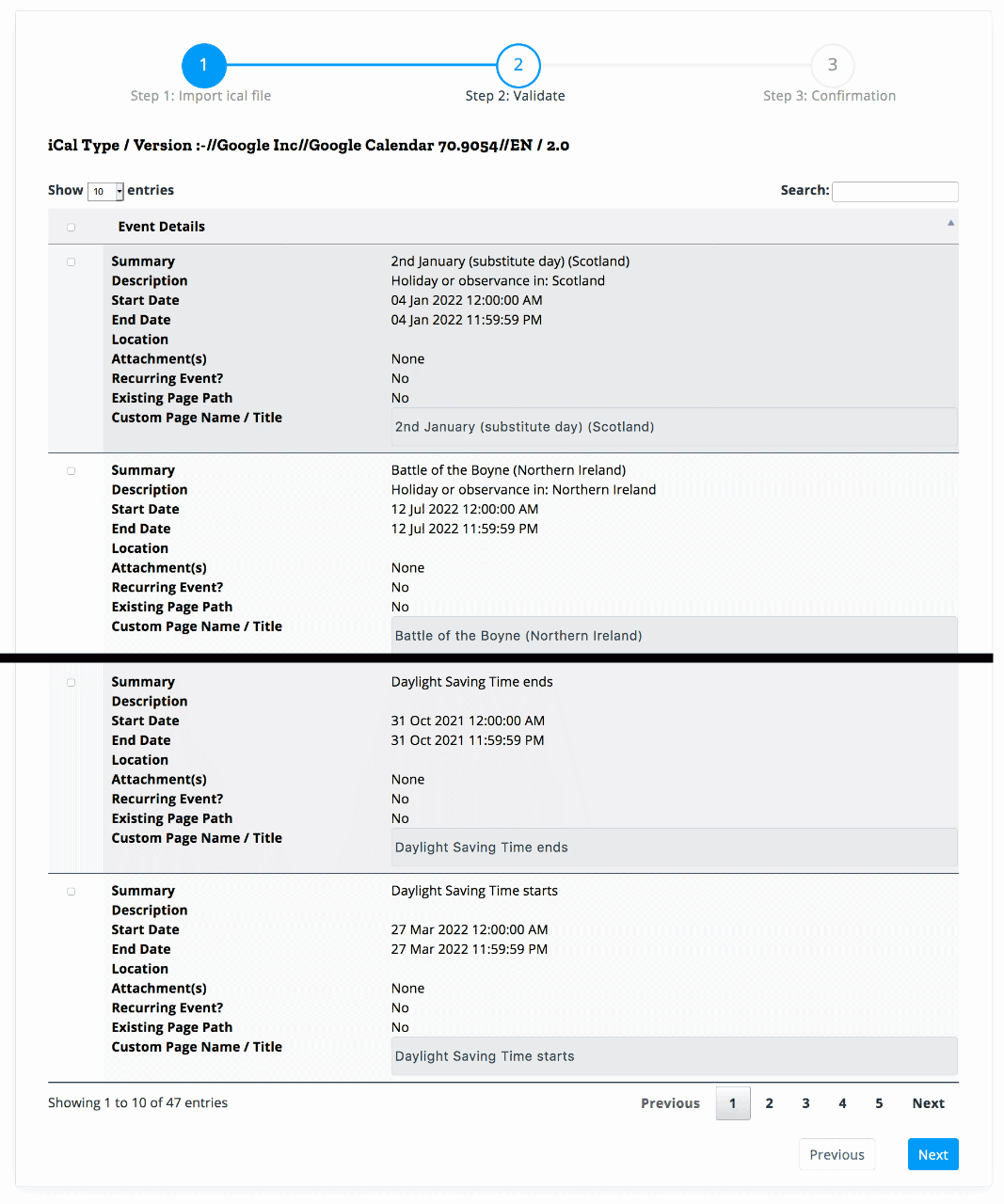 Selection and validation of the events contained within the ICS file. The image has been cropped to save space.