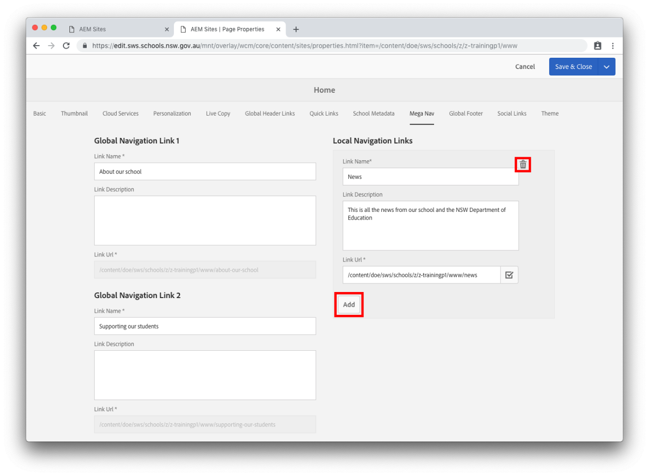 Mega Nav tab in homepage properties