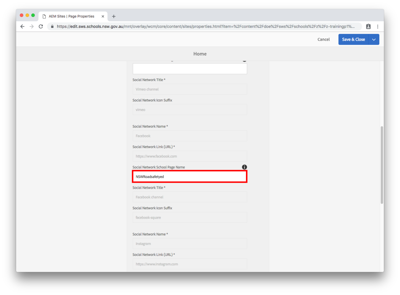 Social Links tab in homepage properties