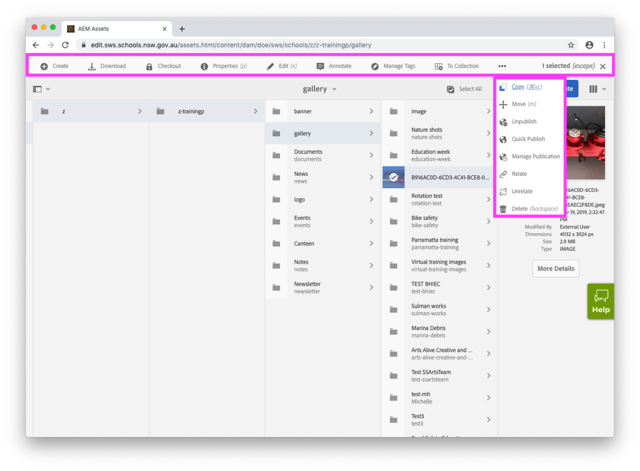 The Assets actions toolbar with the More ellipsis selected so all options are available