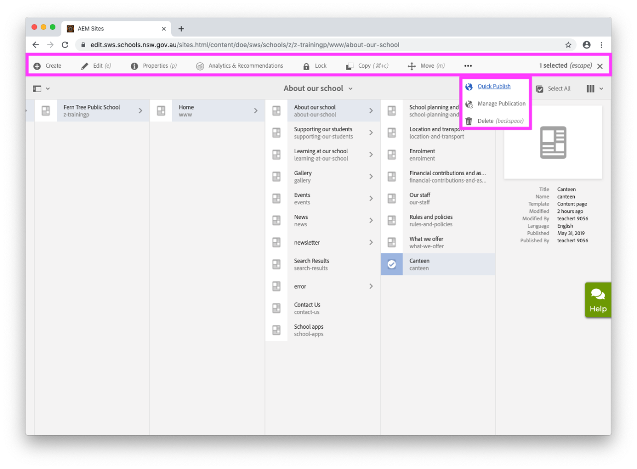 The sites actions toolbar with the More ellipsis selected so all options are available