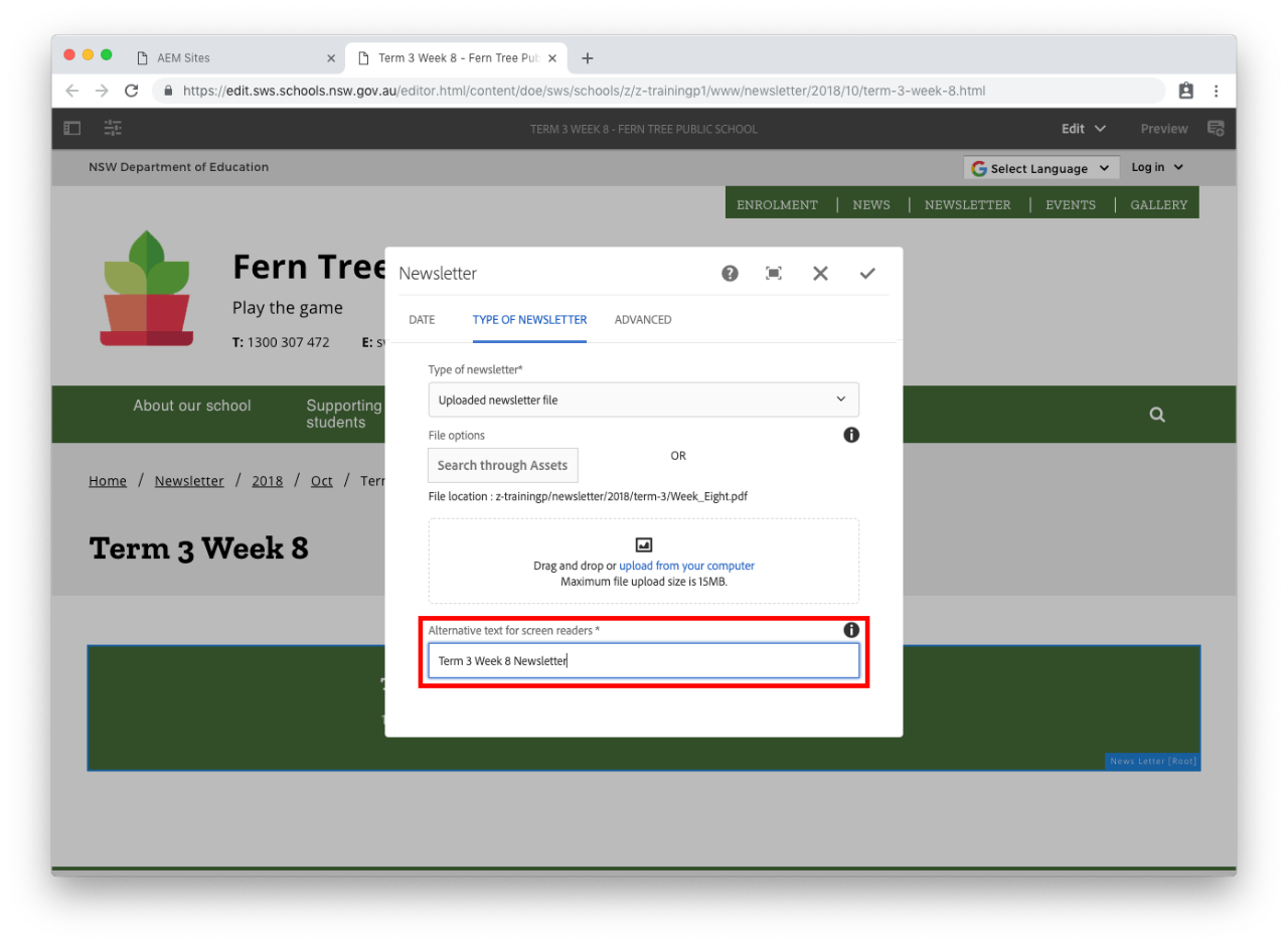 Newsletter component configure type tab file filled