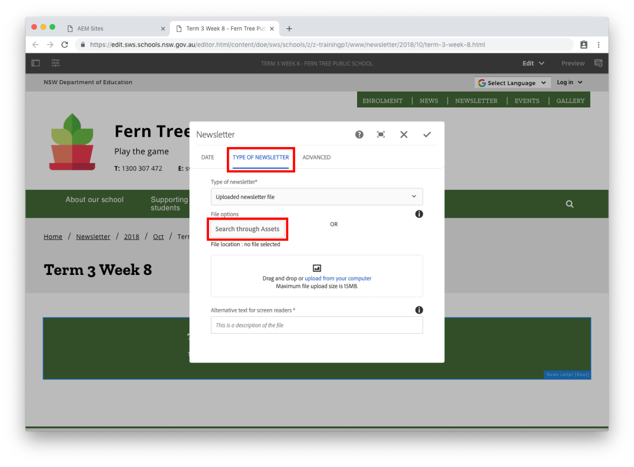 Newsletter component configure type tab file