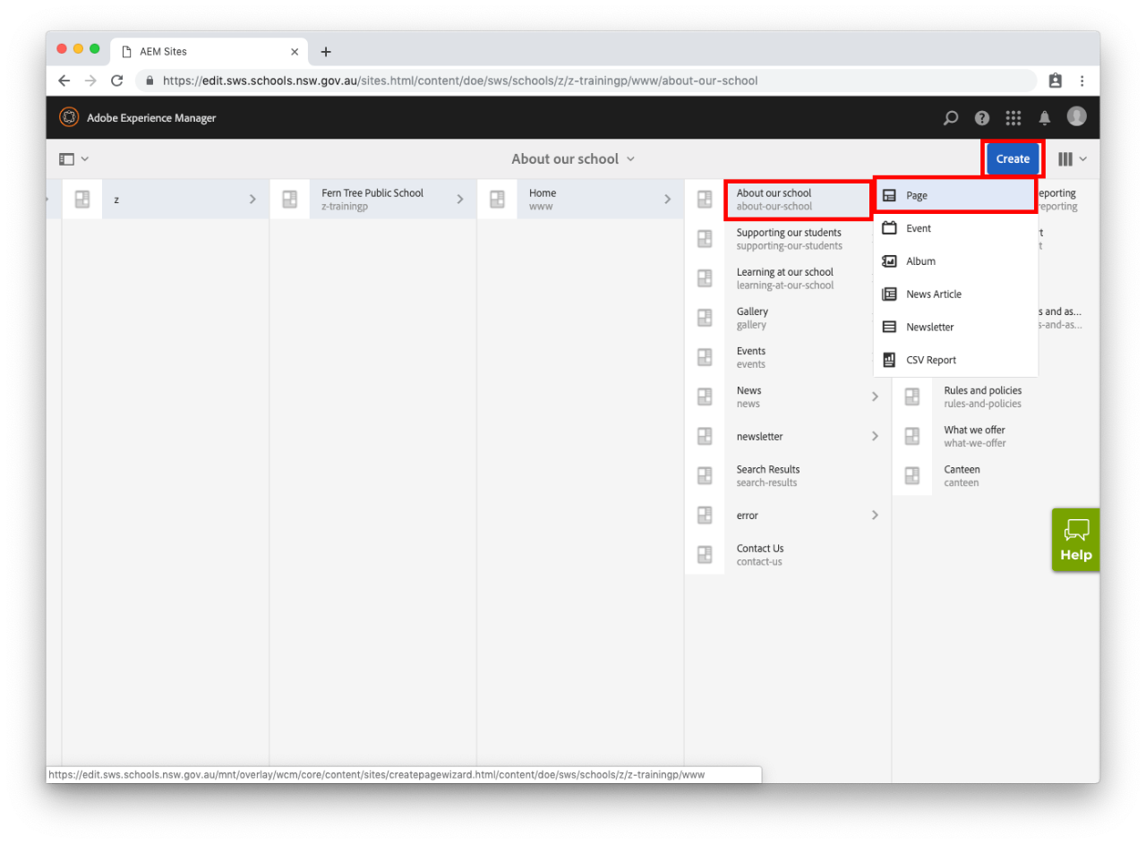 Pages in column view navigation