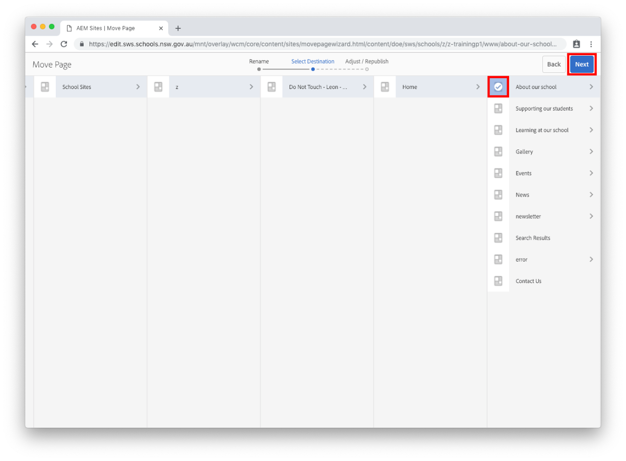 Page move destination selection