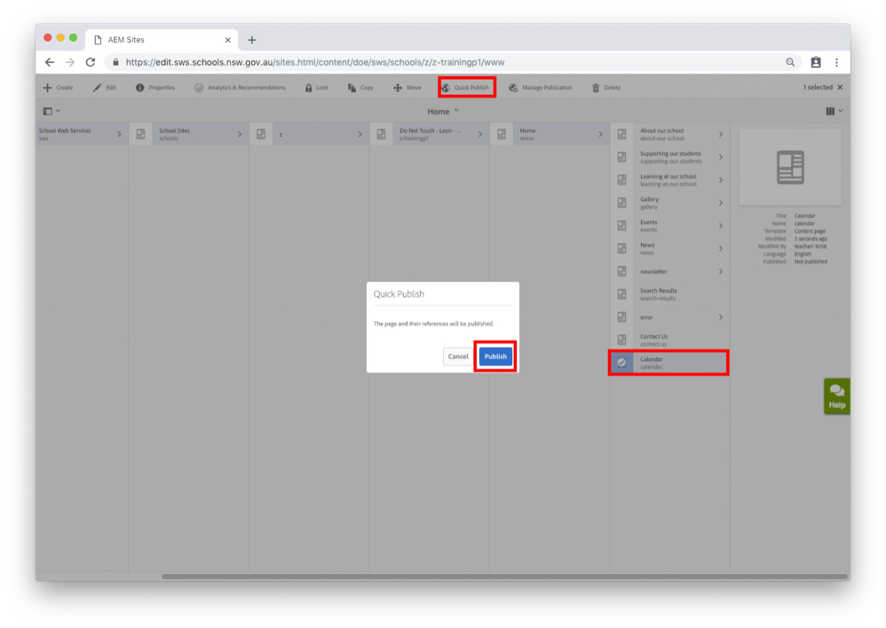 Select the page you want to publish and select Quick Publish from the menu, select Publish