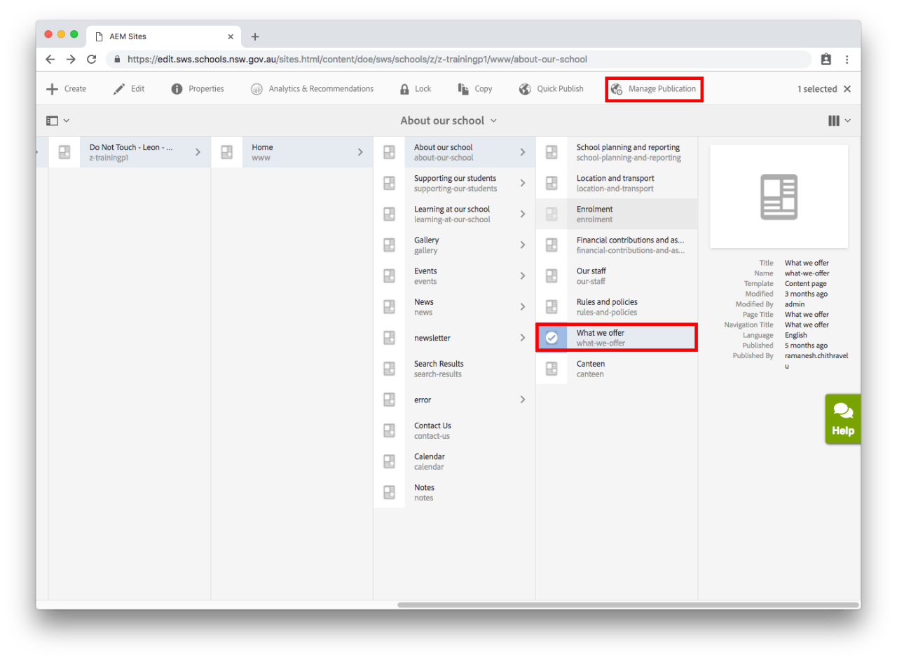 Selecting the page