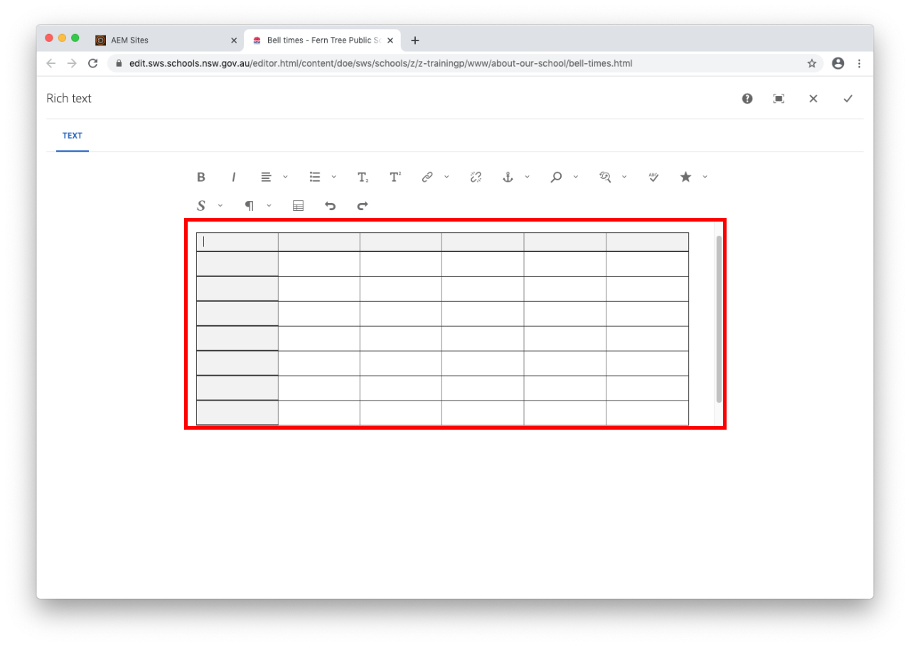 Place information in table