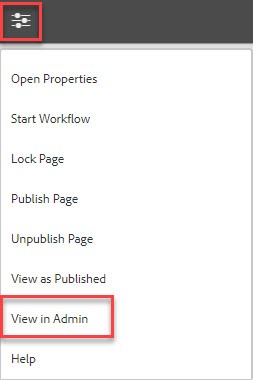 Page Information dropdown menu - View in Admin